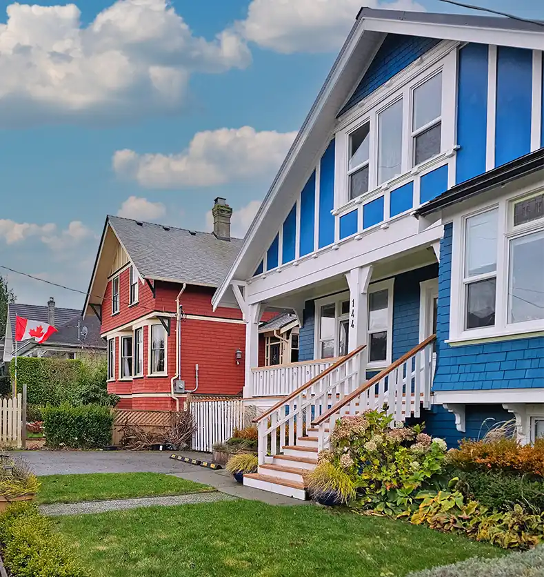 Colourful character homes with front porches - Victoria, BC neighbourhood street