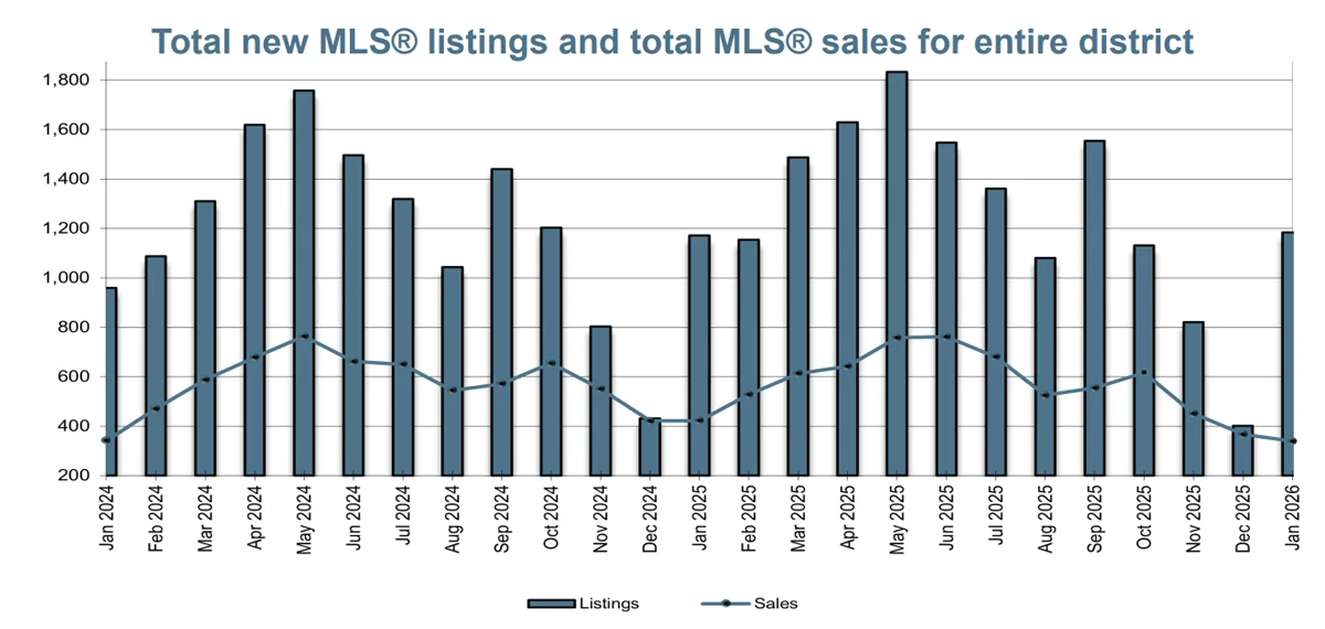 Bar chart of total new MLS listings and line chart of total MLS sales for the VREB district from Jan 2024 to Jan 2026, showing higher listing volume than sales in most months and a seasonal dip in December.